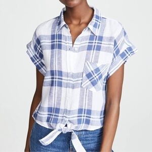 Rails Amelie Front Knit Short Sleeve Shirt Size M Women’s White Blue Plaid Print